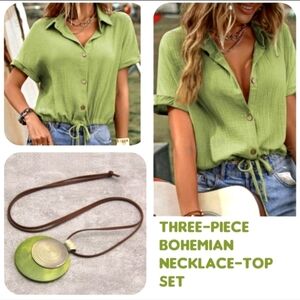 Boho Outfit Top Necklace Earrings Matching Set Avocado Green Shirt Top